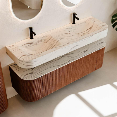 MONDIAZ THOR-DLUX 150cm meuble de salle de bains arrondi gauche + droite couleur Ruby avec 1 tiroir et 2 portes. Vasque suspendue CLOUD Double 2 trous de robinet couleur Nata.