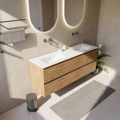 Saniclass Holz Pure Ensemble meuble de salle de bains - 160x45x62cm - Vygo lavabo en céramique blanc - 2 vasques - sans trous de robinetterie - 4 tiroirs - chêne natural mat (bois)