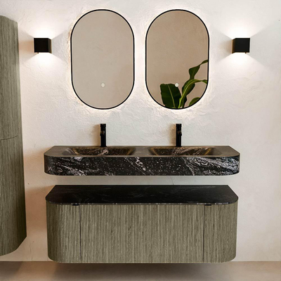 MONDIAZ THOR-DLUX 130cm meuble de salle de bains arrondi gauche + droite couleur Shadow avec 1 tiroir et 2 portes. Vasque suspendue CLOUD Double 2 trous de robinet couleur Lava.