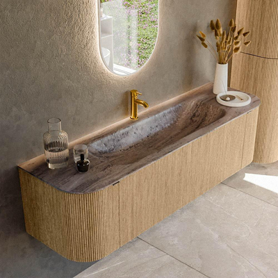 MONDIAZ KURVE-DLUX 160cm badmeubel ronding Links + Rechts kleur Oak met 1 lade en 2 deuren. Wastafel BIG MEDIUM Midden 1 kraangat Oza.