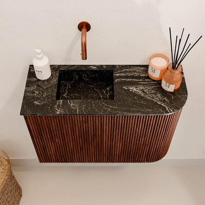 Mondiaz JOYA-DLUX 61.6cm toiletmeubel - ronding rechts kleur Ruby - Wastafel FAYE positie Links Zonder kraangat kleur Lava.
