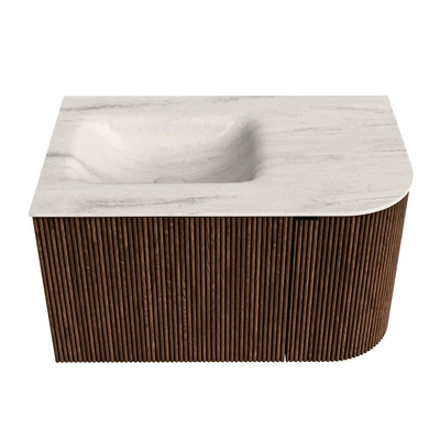 MONDIAZ KURVE-DLUX 75cm badmeubel ronding Rechts kleur Walnut met 1 lade en 1 deur. Wastafel GRUNNE Links 1 kraangat Meli.