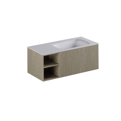 Thebalux Linea Ensemble meuble de salle de bains - 120x55x46cm - 1 tiroir - sans poignées - Façade nervurée verticale - vasque Corian - droite - sans trou de robinetterie - Placage Natural
