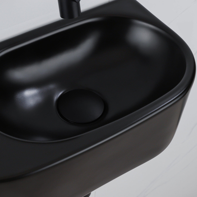 QeramiQ Fuente Ensemble de Lavabo - 40x21.5x12cm - lisse - demi-rond - céramique - ensemble de robinet noir mat - bouchon de vidange - siphon abaissé - noir mat