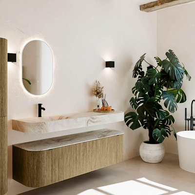 MONDIAZ THOR-DLUX Meuble de salle de bains 160cm arrondi gauche + droite couleur Dusk avec 1 tiroir et 2 portes. Vasque suspendue CLOUD Gauche 1 trou de robinet couleur Frappe.