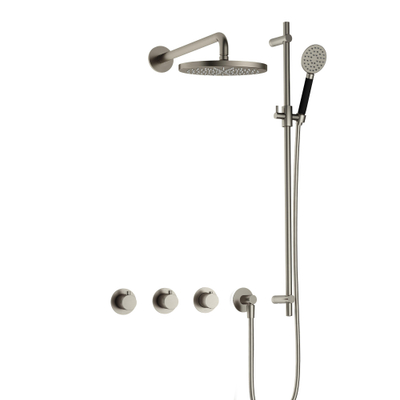 Hotbath Cobber ensemble de douche thermostatique encastré avec 2 vannes d'arrêt, douchette à main ronde et barre murale nickel brossé