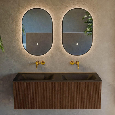 MONDIAZ KURVE 120cm badmeubel kleur Walnut met 1 lade. Wastafel CLOUD dubbel zonder kraangat Urban.