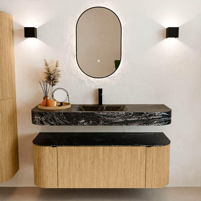 MONDIAZ THOR-DLUX 130cm badmeubel ronding links + rechts kleur Oak met 1 lade en 2 deuren. Vrijhangende wastafel CLOUD Midden 1 kraangat kleur Lava.