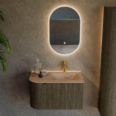 MONDIAZ KURVE-DLUX Meuble de salle de bains 75cm arrondi à gauche couleur Shadow avec 1 tiroir et 1 porte. Lavabo GRUNNE à droite 1 trou de robinet Arena.