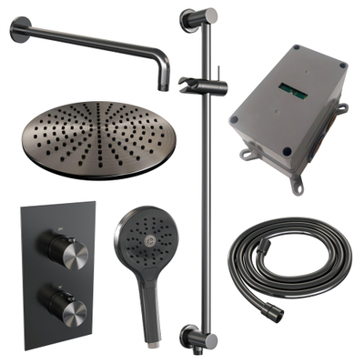 BRAUER Gunmetal Edition inbouw regendoucheset – Ø30 cm hoofddouche – 40 cm gebogen wandarm – ronde handdouche – met omstel