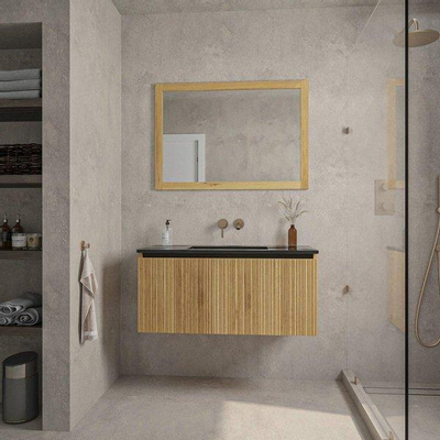 Saniclass Holz Base Badkamermeubelset - 100cm - 1 keramische wasbak zwart - zonder kraangat - 1 lade - spiegel - eiken
