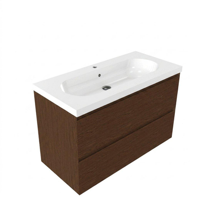 Saniclass Holz Pure Ensemble de meubles de salle de bains - 100x45x63.5cm - lavabo en céramique Palermo blanc - 1 vasque - 1 trou de robinet - 2 tiroirs - walnut pure mat (bois)