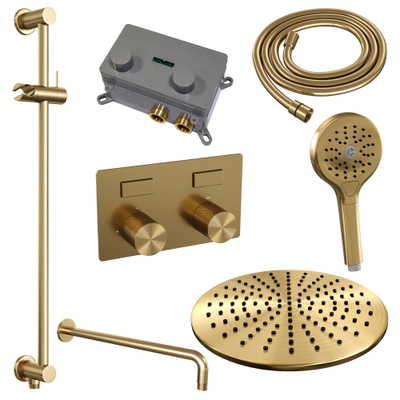 Brauer Gold Carving douche thermostatique à effet pluie avec bouton poussoir 70 30cm pommeau de douche bras mural courbe 3 positions douche à main flexible coulissant intégré pvd brossé doré