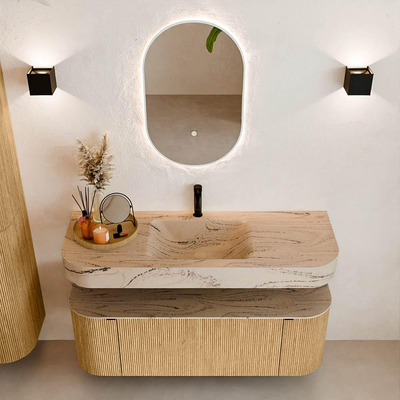 MONDIAZ THOR-DLUX 130cm badmeubel ronding links + rechts kleur Oak met 1 lade en 2 deuren. Vrijhangende wastafel CLOUD Midden 1 kraangat kleur Arena.