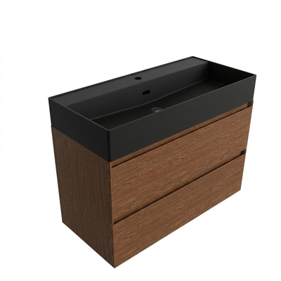 Saniclass Holz Pure Badkamermeubelset - 100x45x72cm - Legend keramische wastafel mat zwart - 1 wasbak - zonder kraangat - 2 lades - mat walnut pure (hout)