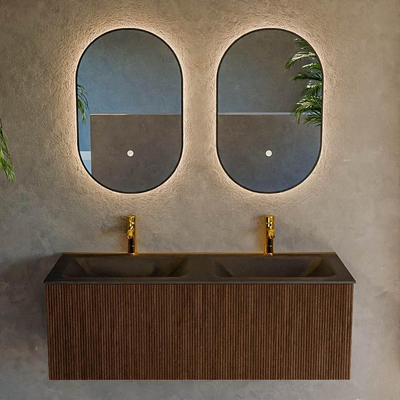 MONDIAZ KURVE 120cm badmeubel kleur Walnut met 1 lade. Wastafel CLOUD dubbel 2 kraangaten Urban.