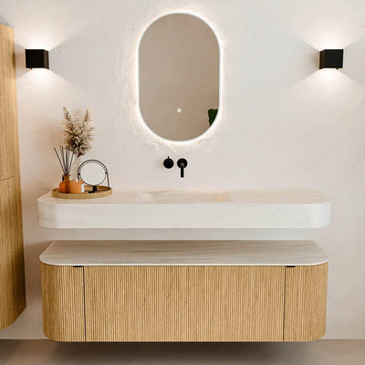 MONDIAZ THOR-DLUX 150cm badmeubel ronding links + rechts kleur Oak met 1 lade en 2 deuren. Vrijhangende wastafel CLOUD Midden zonder kraangat kleur Meli.