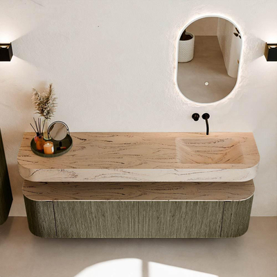 MONDIAZ THOR-DLUX 180cm meuble de salle de bains arrondi gauche + droite couleur Shadow avec 2 tiroirs et 2 portes. Vasque suspendue CLOUD Droite sans trou de robinet couleur Arena.