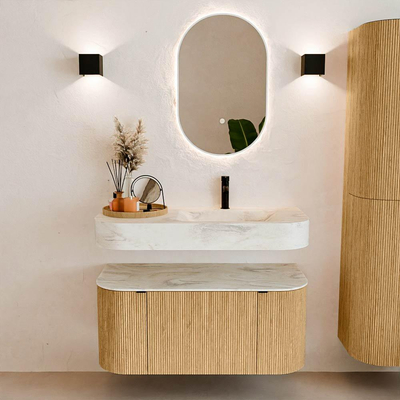 MONDIAZ THOR-DLUX 100cm badmeubel ronding links + rechts kleur Oak met 1 lade en 2 deuren. Vrijhangende wastafel CLOUD Rechts 1 kraangat kleur Ostra.