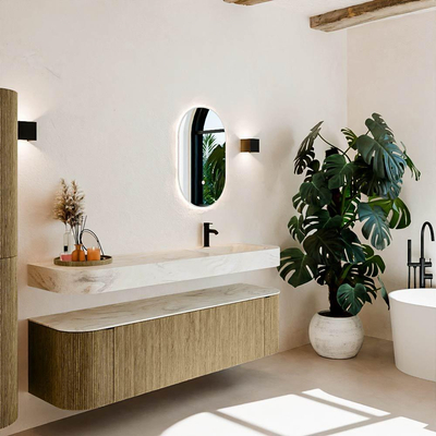 MONDIAZ THOR-DLUX Meuble de salle de bains 170cm arrondi gauche + droite couleur Dusk avec 1 tiroir et 2 portes. Vasque suspendue CLOUD Droite 1 trou de robinet couleur Ostra.