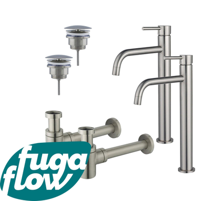 FugaFlow Eccelente Sobrado Badkamer Slim Wastafelkraanset - voor dubbele wastafel - verhoogde wastafelkraan - always open plug - verlaagde design sifon - PVD Geborsteld RVS