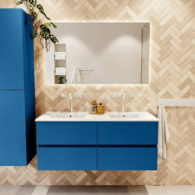 Mondiaz VICA ensemble de meuble de salle de bain - 120cm - meuble sous-vasque jeans - 4 tiroirs - lavabo denia double - 2 trous de robinet - couleur Blanc Brillant - miroir LED - version XL 60cm de haut