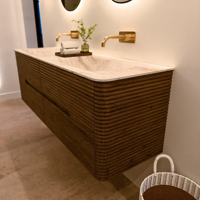 Mondiaz CIRO-DLUX Badkamermeubelset - 150x45x50cm - Solid surface wastafel Frappe - 2 wasbak Dubbel - zonder kraangaten - 4 lades - Dusk