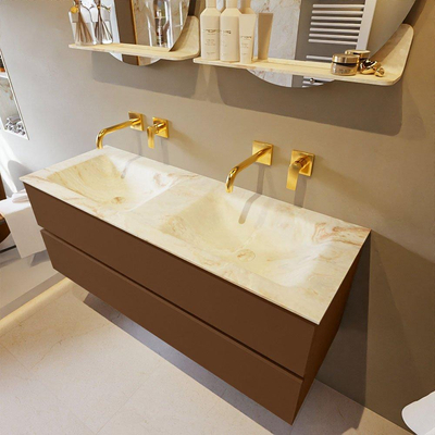 MONDIAZ VICA-DLUX Ensemble meuble de salle de bains - 130cm - meuble bas rust- 2 tiroirs - lavabo encastré cloud double - sans trous de robinet - version haute 60cm - frape