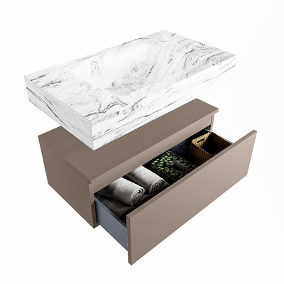 Mondiaz ALAN-DLUX Ensemble de meuble - 80cm - meuble Smoke mat - 1 tiroir - Lavabo Cloud Glace suspendu - vasque Centre - 0 trous de robinet