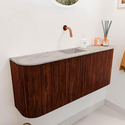 Mondiaz JOYA-DLUX 103.2cm meuble de salle de bains - arrondis gauche et droite couleur Ruby - Vasque FAYE position Milieu Sans trou de robinet couleur Glace.