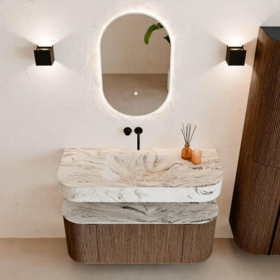 MONDIAZ THOR-DLUX 110cm meuble de salle de bains arrondi gauche + droite couleur Walnut avec 1 tiroir et 2 portes. Vasque suspendue CLOUD Milieu sans trou de robinet couleur Glace.