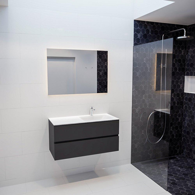 ENSEMBLE DE MEUBLE MONDIAZ VICA - 100cm - 2 tiroirs - lavabo Cloud à droite - 1 trou de robinet - solid surface gris foncé