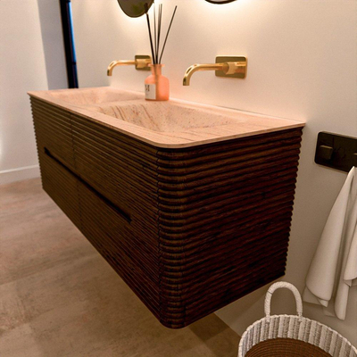 Mondiaz CIRO-DLUX Badkamermeubelset - 130x45x50cm - Solid surface wastafel Saba - 2 wasbak Dubbel - zonder kraangaten - 4 lades - Walnut
