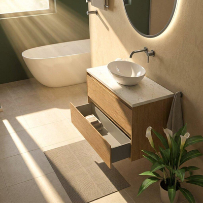 Saniclass Holz Pure Ensemble meuble de salle de bains - 100x45x63cm - Plan vasque en marbre Dia poli (blanc) - sans trou de robinetterie - 2 tiroirs - chêne natural mat (bois)