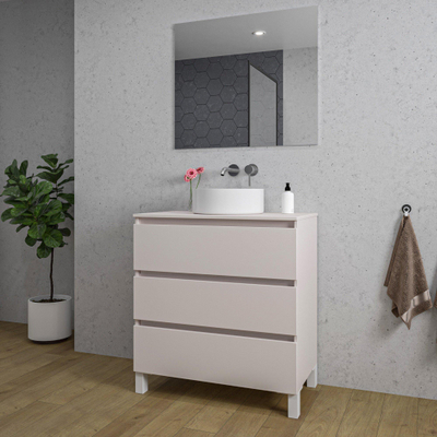 Saniclass Chaci PLUS Meuble de salle de bain - 80x86x46cm - vasque - plan de toilette - 3 tiroirs - miroir rectangulaire - mat cotton (beige)