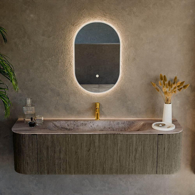 MONDIAZ KURVE-DLUX Meuble de salle de bains 160cm arrondi Gauche + Droite couleur Shadow avec 1 tiroir et 2 portes. Lavabo BIG MEDIUM Central 1 trou de robinet Oza.