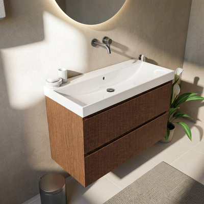 Saniclass Holz Atelier Ensemble de meubles de salle de bains - 100x45x67.5cm - lavabo Wave en céramique - 1 vasque - sans trou de robinet - 2 tiroirs - walnut pure mat (bois)