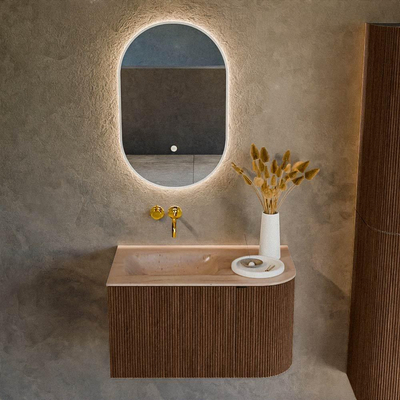 MONDIAZ KURVE-DLUX 75cm badmeubel ronding Rechts kleur Walnut met 1 lade en 1 deur. Wastafel GRUNNE Links zonder kraangat Saba.