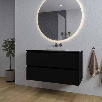 Saniclass Chaci Ensemble meuble de salle de bains - 100x46x55cm - lavabo céramique noir - 1 vasque - sans trous de robinetterie - 2 tiroirs - miroir rond avec éclairage - noir mat