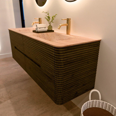 Mondiaz CIRO-DLUX Badkamermeubelset - 150x45x50cm - Solid surface wastafel Saba - 2 wasbak Dubbel - 2 kraangaten - 4 lades - Shadow