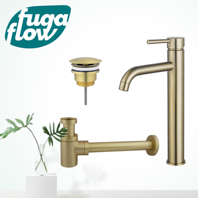 FugaFlow Eccelente Sobrado Kit mitigeur lavabo - robinet rehaussé - bonde non-obturable - siphon design bas - PVD Laiton brossé