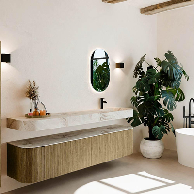 MONDIAZ THOR-DLUX 200cm meuble de salle de bains arrondi gauche + droite couleur Dusk avec 2 tiroirs et 2 portes. Vasque suspendue CLOUD Droite 1 trou de robinet couleur Frappe.