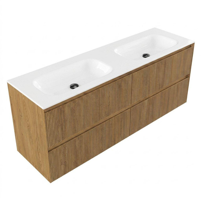 Saniclass Holz Atelier Ensemble meuble de salle de bains - 160x45x61.5cm - lavabo Flow en solid surface blanc - 2 vasques - 2 trous de robinetterie - 4 tiroirs - chêne natural mat (bois)