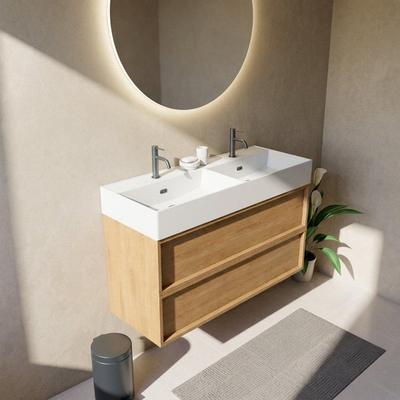 Saniclass Holz Frame Ensemble meuble de salle de bains - 120x45x72cm - lavabo Legend en céramique blanc mat - 2 vasques - 2 trous de robinetterie - 2 tiroirs - chêne natural mat (bois)