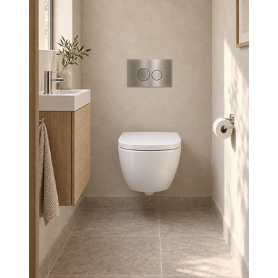 QeramiQ Dely Swirl Compact Toiletset - inbouwreservoir Geberit UP320 - met Burda frame - 25mm zitting - metalen bedieningsplaat RVS - ronde knoppen - mat wit