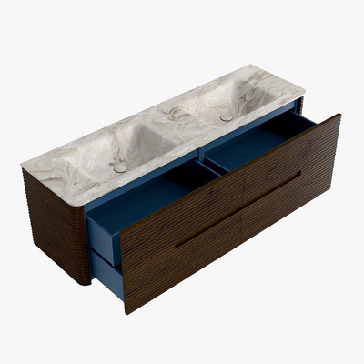 Mondiaz CIRO-DLUX Ensemble de meubles de salle de bains - 160x45x50cm - Plan vasque solid surface Frappe - 2 vasques double - sans trous de robinet - 4 tiroirs - Noyer