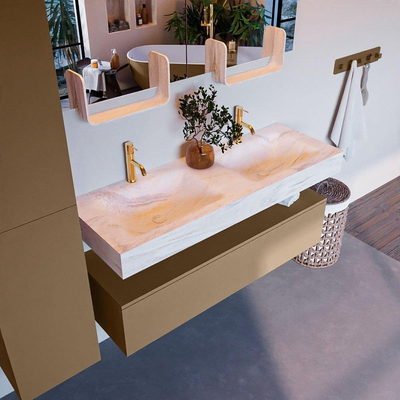 Mondiaz ALAN-DLUX Ensemble de meuble - 130cm - meuble Oro mat - 1 tiroir - Lavabo Cloud Ostra suspendu - vasque Gauche et droite - 2 trous de robinet