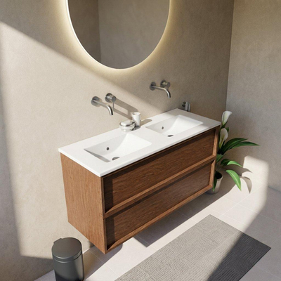 Saniclass Holz Frame Ensemble meuble de salle de bains - 120x45x62cm - Vygo lavabo en céramique blanc - 2 vasques - sans trous de robinetterie - 2 tiroirs - walnut pure mat (bois)