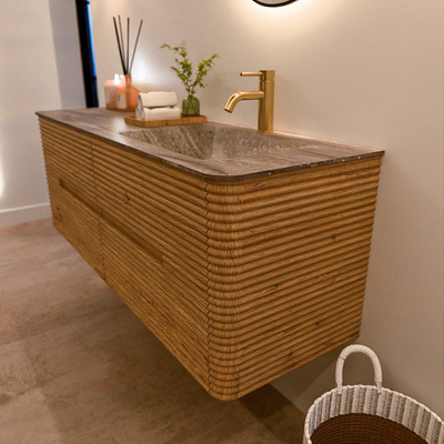 Mondiaz CIRO-DLUX Badkamermeubelset - 140x45x50cm - Solid surface wastafel Oza - 1 wasbak Rechts - 1 kraangat - 4 lades - Oak