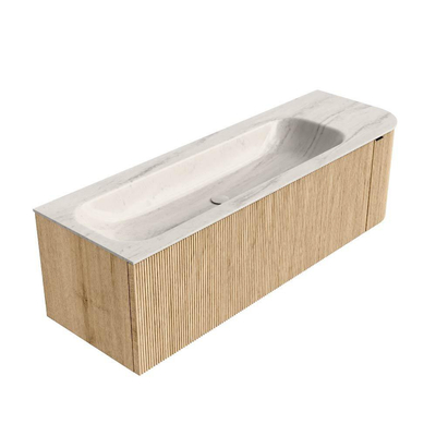 MONDIAZ KURVE-DLUX 145cm meuble de salle de bain courbure droite couleur chêne avec 1 tiroir et 1 porte. Vasque BIG LARGE gauche sans trou de robinet Meli.